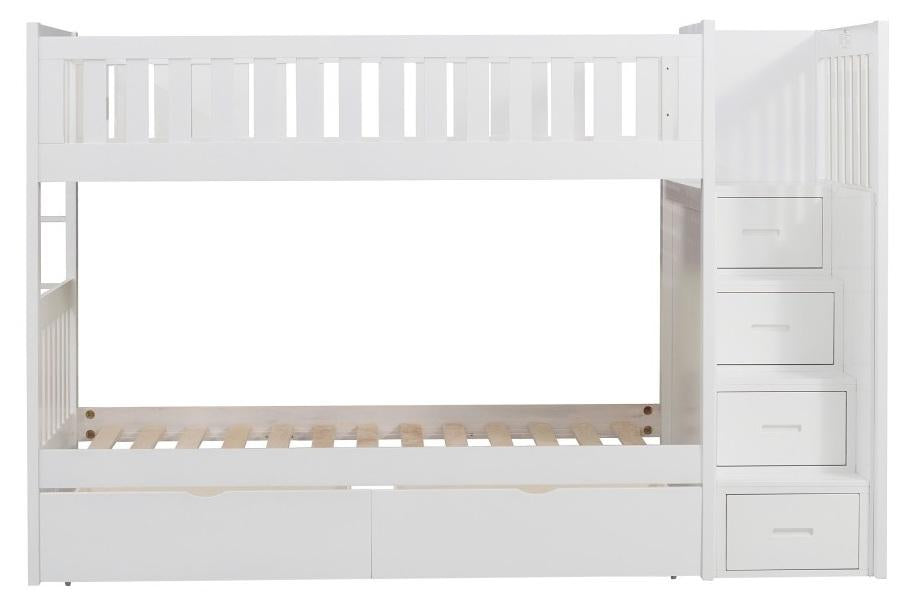 Galen Bunk Bed w/ Reversible Step Storage and Storage Boxes in White B2053SBW-1*T