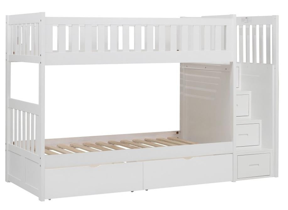 Galen Bunk Bed w/ Reversible Step Storage and Storage Boxes in White B2053SBW-1*T